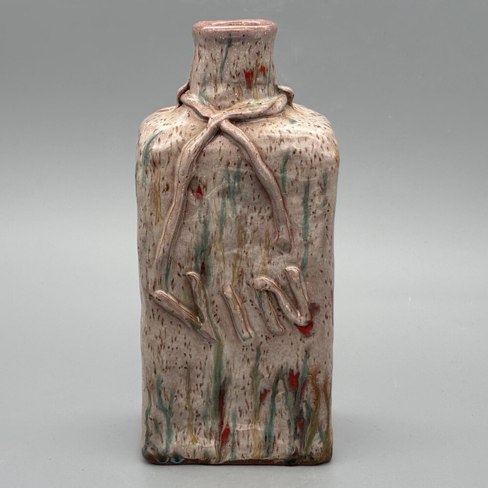 Vintage Studio Pottery Wine Jug with Applied Clay Lettering and Drip Glaze